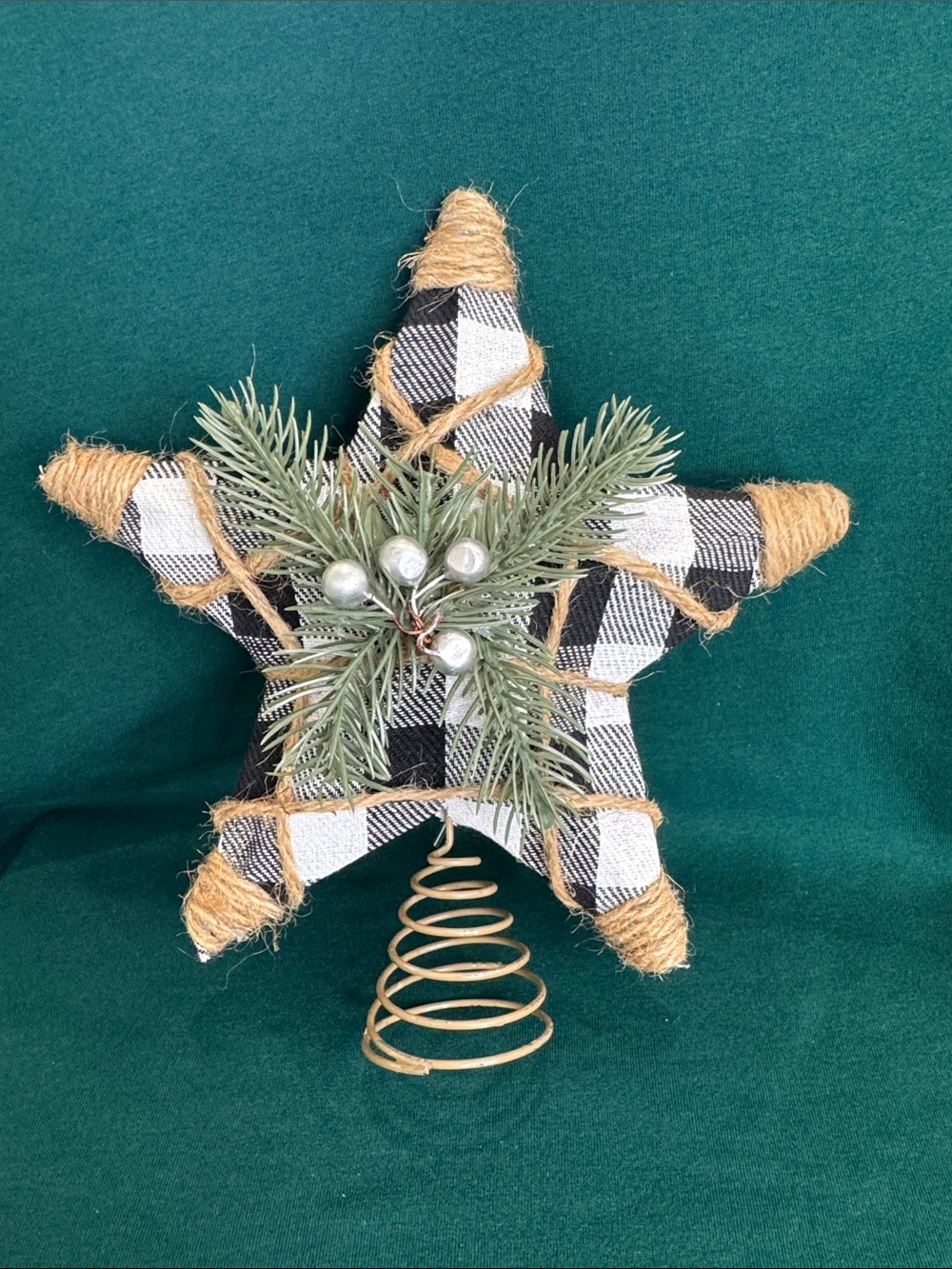 Rustic Star Tree Topper Black & White Buffalo Plaid & Jute Twine w/Pine Sprigs - Picture 5 of 5